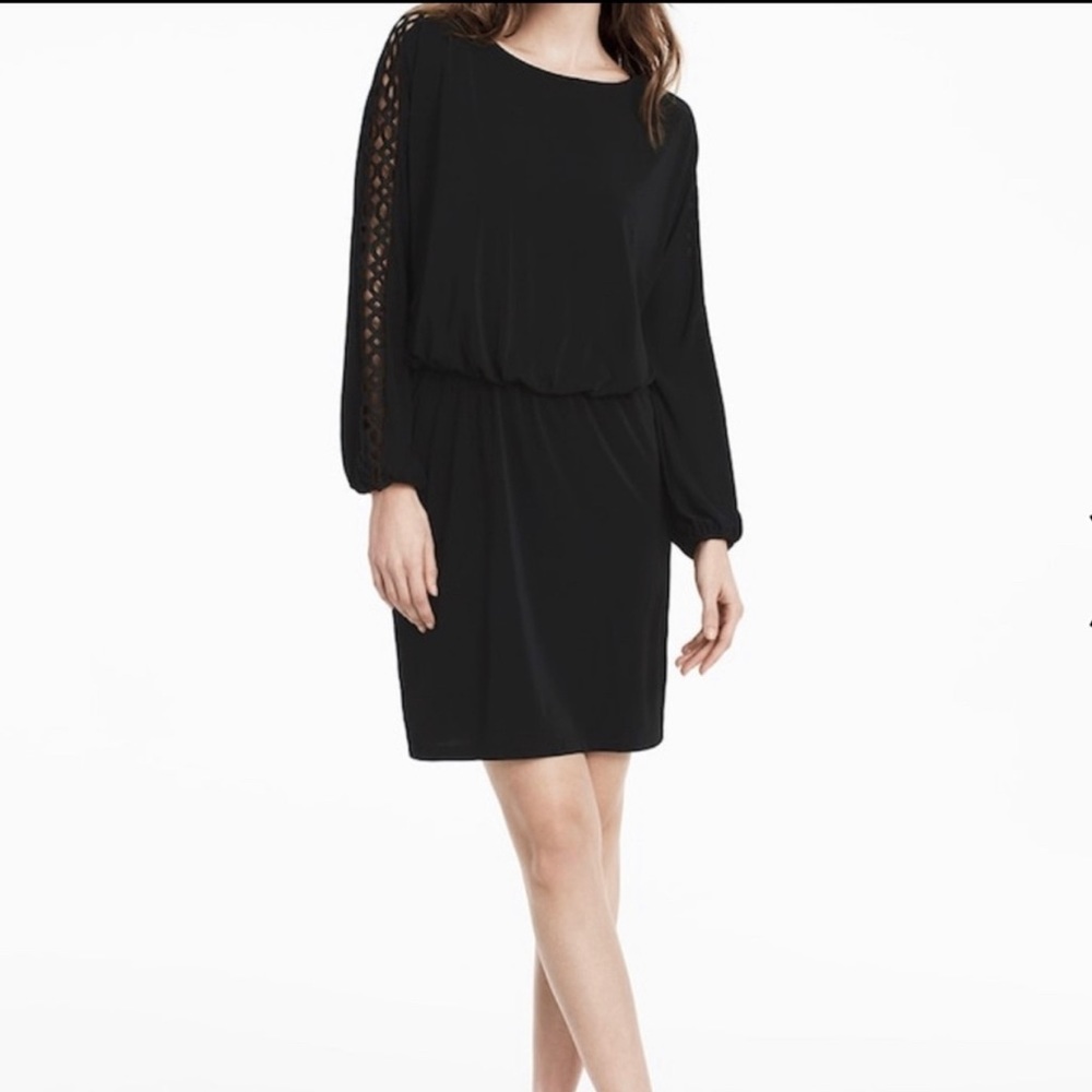 NWT -WHBM -LATTICE SLEEVE BLACK BLOUSON DRESS-
